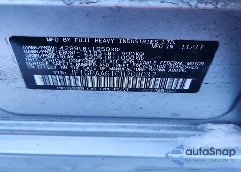 2012 Subaru Impreza z USA, uszkodzony, nr VIN JF1GPAA61CH208032